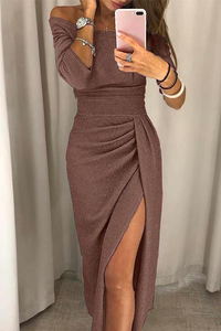 Sophia | Damen Elegant Off-Shoulder Kleid | Abendkleid in Braun