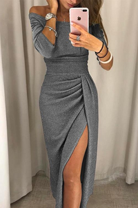 Sophia | Damen Elegant Off-Shoulder Kleid | Abendkleid in Grau