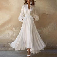 Johanna | Damen Elegant Tiefem V-Ausschnitt Fließendes Maxi Formal Dress in Weiß
