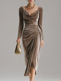 Luisa | Damen Elegante Formal Dresses Samtkleid Midi Cowlneck Langarm in Braun