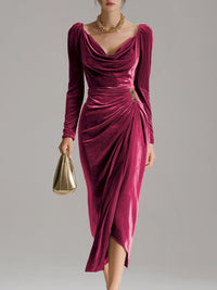 Luisa | Damen Elegante Formal Dresses Samtkleid Midi Cowlneck Langarm in Rosa