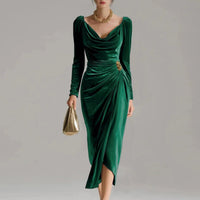 Luisa | Damen Elegante Formal Dresses Samtkleid Midi Cowlneck Langarm in Grün