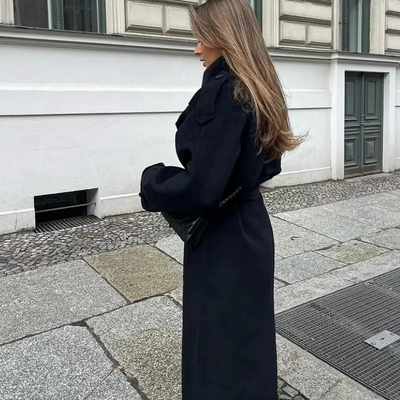 Damen eleganter schwarzer Vintage-Mantel | Übergroß