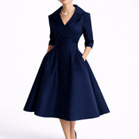 Leonie | Damen Elegantes A-Linien Midi-Kleid für Hochzeitsgäste im Herbst in Marineblau