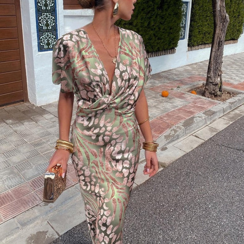 Damen elegantes Cocktailkleid mit V-Ausschnitt | Maxi