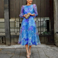 Damen elegantes geblümtes Partykleid mit langen Ärmeln | Midi in Blau