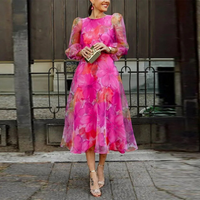 Damen elegantes geblümtes Partykleid mit langen Ärmeln | Midi in Rosa
