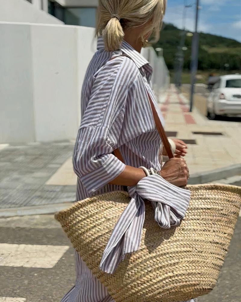 Damen elegantes gestreiftes Hemdkleid | Midi