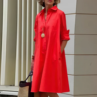 Damen elegantes Hemdkleid mit langen Ärmeln | Midi in Rot