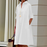 Damen elegantes Hemdkleid mit langen Ärmeln | Midi in Weiß