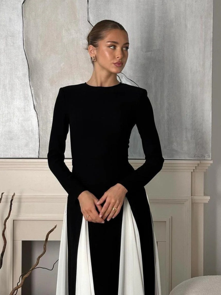 Damen elegantes langärmliges Vintage-Kleid | Maxi