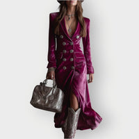 Leonie | Damen Elegantes Samt Maxi Abendkleid Zweireiher Formal Dresses in Flieder