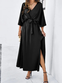Damen elegantes Sommerkleid mit V-Ausschnitt | Midi in Schwarz