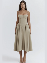 Damen elegantes Taillenformendes Sommerkleid | Midi in Khaki