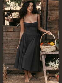 Damen elegantes Taillenformendes Sommerkleid | Midi in Schwarz