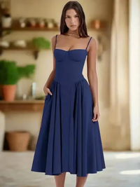 Damen elegantes Taillenformendes Sommerkleid | Midi in Blau