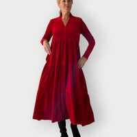 Emilia | Damen Festliche Kleider Samtkleid Langarm Gestufte Maxi in Rot
