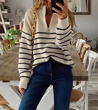 Elsbeth | Damen Reißverschluss-Pullover | Gestreift in Beige
