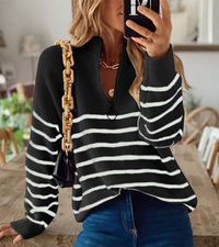 Elsbeth | Damen Reißverschluss-Pullover | Gestreift in Schwarz