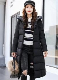 Sally | Damen Kapuze Steppjacke Lang | Mantel in Schwarz