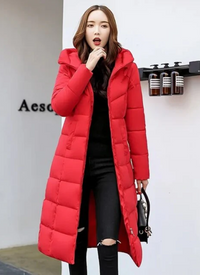 Sally | Damen Kapuze Steppjacke Lang | Mantel in Rot