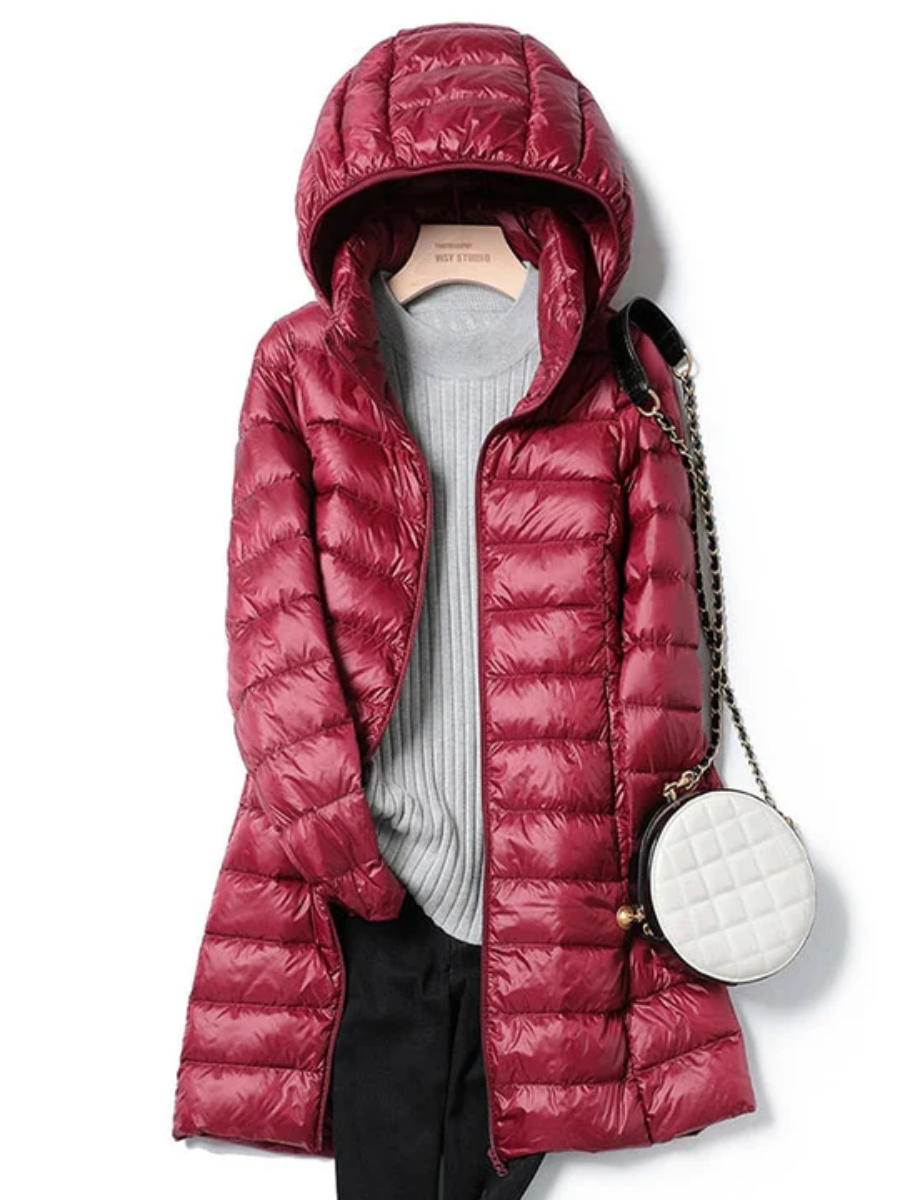 Hedda | Damen Lange Steppjacke | mit Kapuze