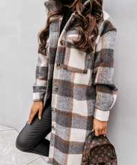 Tabe | Damen Lange Strickjacke | Kariert in Beige--Grau