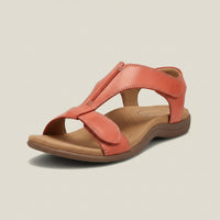 Greta | Damen Komfortable Sandalen T-Strap Klettverschluss Offene Zehenpartie in Sonnenuntergangsorange