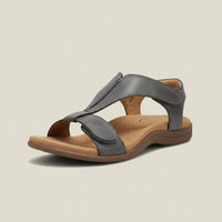 Greta | Damen Komfortable Sandalen T-Strap Klettverschluss Offene Zehenpartie in Anthrazitgrau