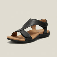 Greta | Damen Komfortable Sandalen T-Strap Klettverschluss Offene Zehenpartie in Tiefschwarz