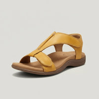 Greta | Damen Komfortable Sandalen T-Strap Klettverschluss Offene Zehenpartie in Senfgelb