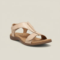 Greta | Damen Komfortable Sandalen T-Strap Klettverschluss Offene Zehenpartie in Nude-Beige