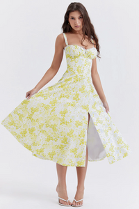 Enjiel | Damen Lange Sommerkleid | Midi in Weißer und gelber Blumenstil