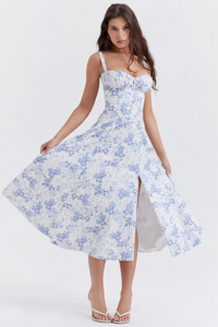 Enjiel | Damen Lange Sommerkleid | Midi in Weiß Blau