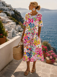 Hannah | Damen Kurzarm Midi Dress mit buntem Blumenmuster locker geschnitten in Rosa