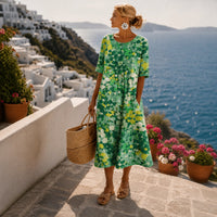 Hannah | Damen Kurzarm Midi Dress mit buntem Blumenmuster locker geschnitten in Grün