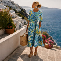 Hannah | Damen Kurzarm Midi Dress mit buntem Blumenmuster locker geschnitten in Blau