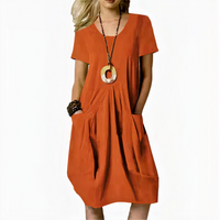 Damen lässiges Kleid mit Taschen | Midi in Orange rot
