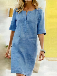 Damen lässiges kurzärmliges Kleid | Midi in Himmelblau