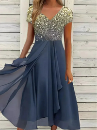 Damen lässiges Vintage-Blumenkleid | Midi in Gold-Blau