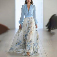 Marlene | Damen Langarm Maxikleid Florales Chiffon A-Linie tiefer V-Ausschnitt in Blau
