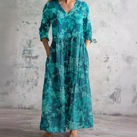 Langärmeliges florales Sommerkleid für Damen | Maxi in Blaugrün
