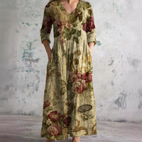 Langärmeliges florales Sommerkleid für Damen | Maxi in Dunkelbeige