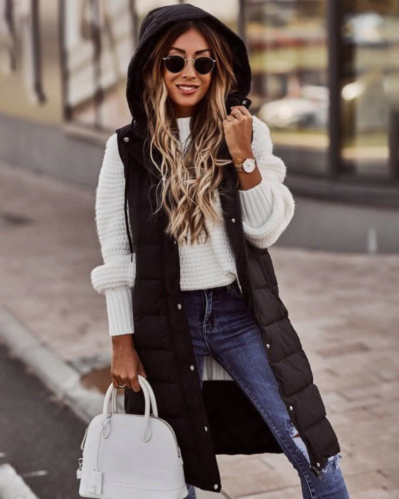 Ilka | Damen Lange Daunenweste | mit Kapuze