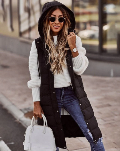 Ilka | Damen Lange Daunenweste | mit Kapuze