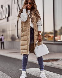 Ilka | Damen Lange Daunenweste | mit Kapuze in Beige