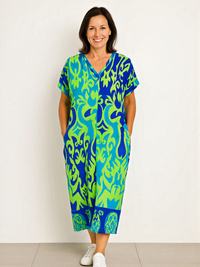Damen lebendiges luftiges Sommerkleid | Midi in Blau/Green