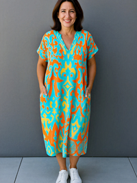 Damen lebendiges luftiges Sommerkleid | Midi in Blau/Gelb