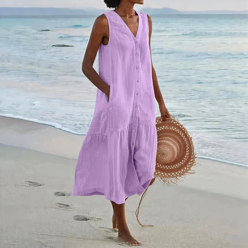 Damen luftiges ärmelloses Strandkleid | Midi