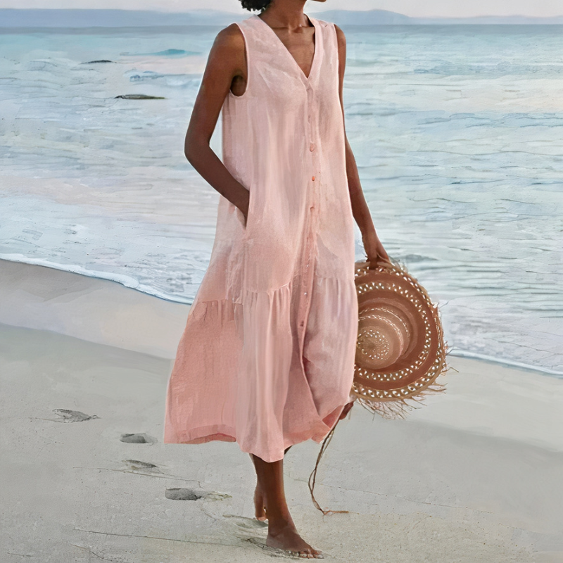 Damen luftiges ärmelloses Strandkleid | Midi